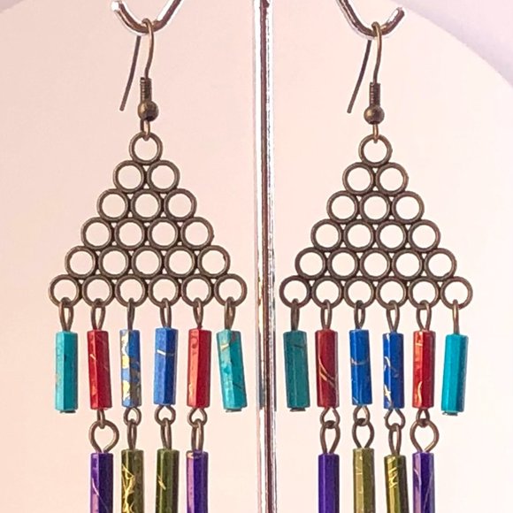 Antique Copper Chandelier Earrings with Multi Color Beads Dangle Drop Earrings - Picture 2 of 2